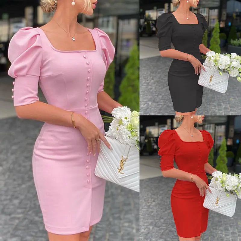 Fashion Square Collar Puff Sleeve Dress