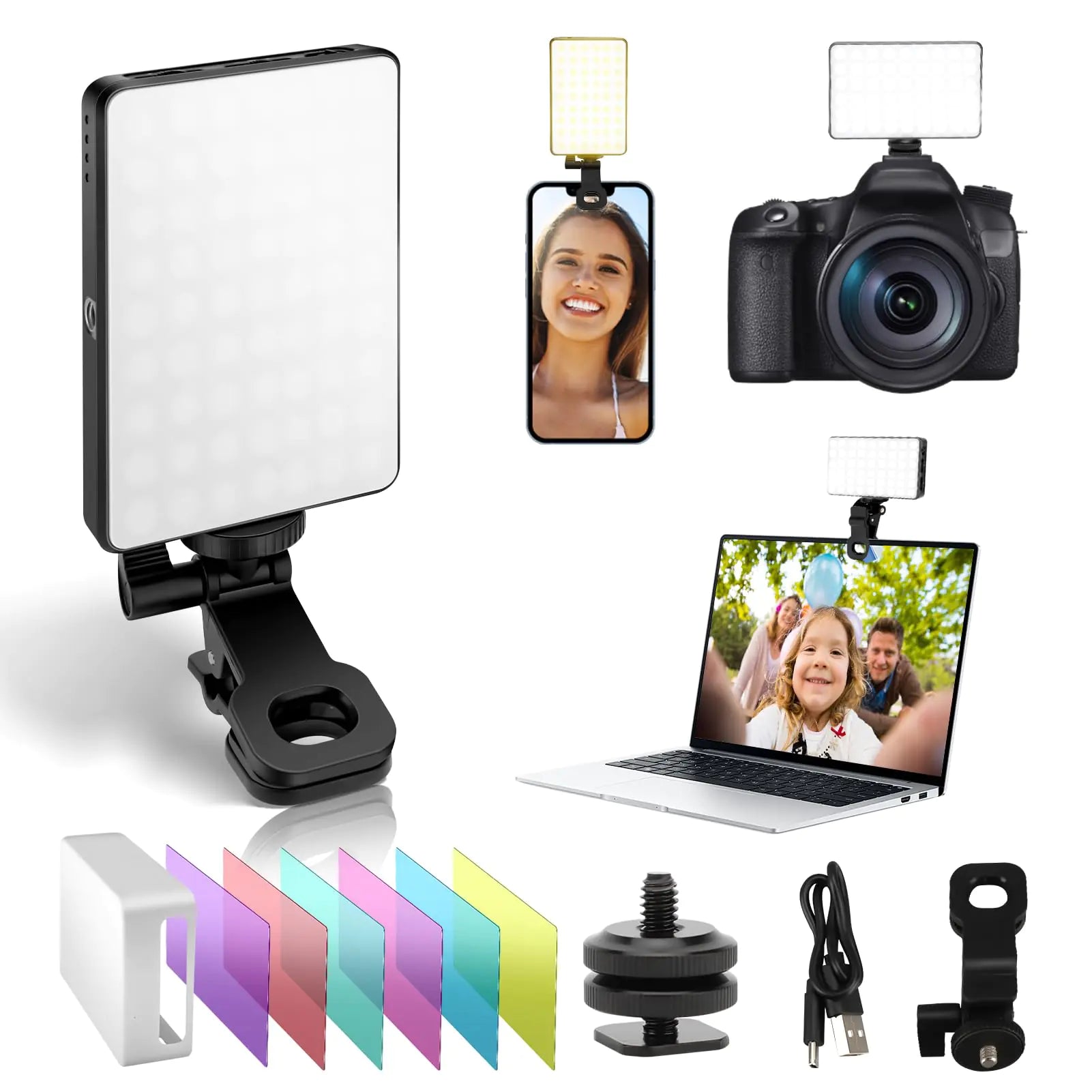 120 LED Selfie Light for Phone with 6 Color FiltersCRI 95+ 2500K-9000K Portable Desktop Photography Light with 3 Lighting Modes for Live Streaming Video Recording Phone Camera Light Clip