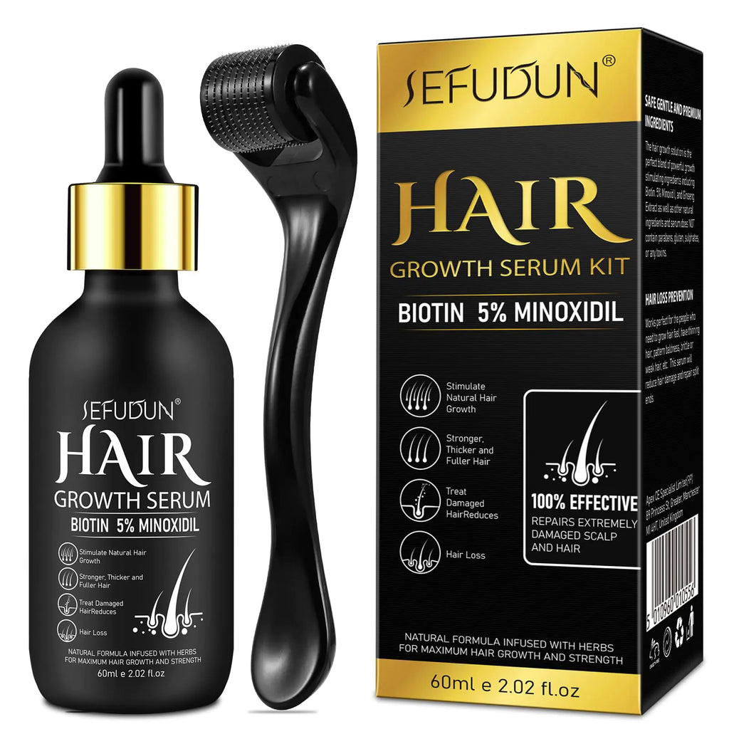 5% Minoxidil for Men and Women with Derma Roller Hair Growth Serum & Beard Growth Kit Minoxidil Biotin Hair Regrowth Treatment for Thicker Fuller Hair - Stop Scalp Hair Loss & Thinning - 2.02 oz