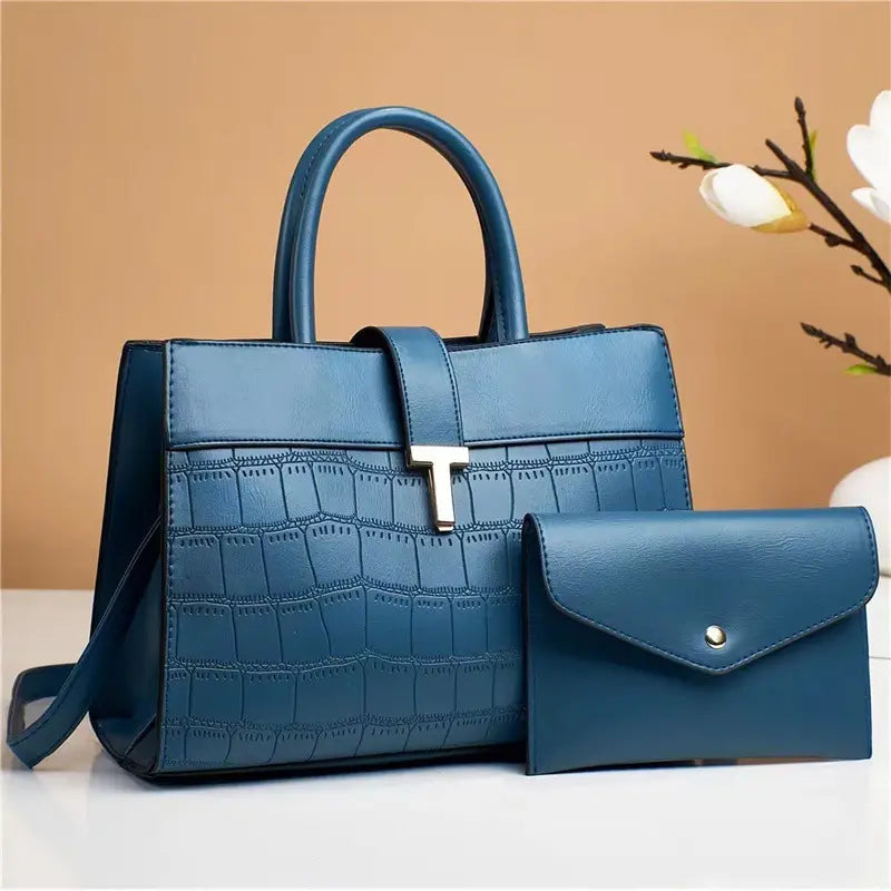 Crocodile Embossed Satchel Bag Set with Mini Purse