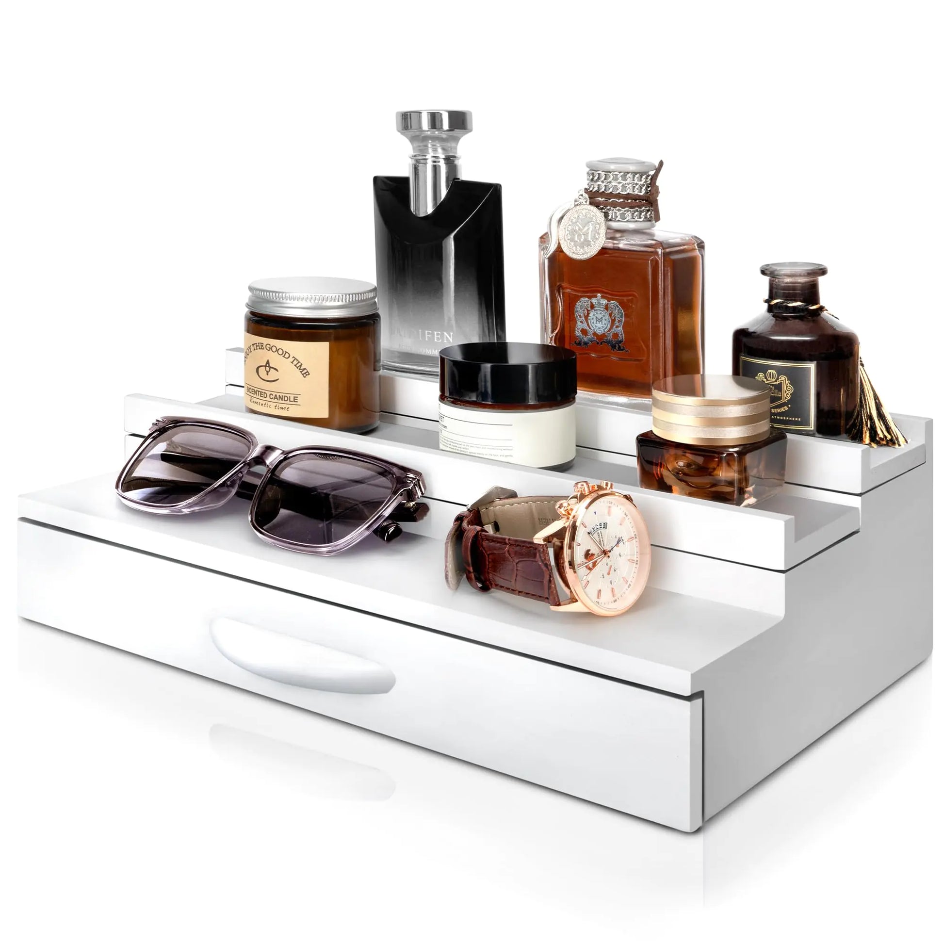 EOSAHR Decorative Cologne Organizer for Room Decor - 3 Tier Cologne Stand with Drawer and Hidden Compartment - Perfume Stand Organizer for Bedroom and Dresser (White)