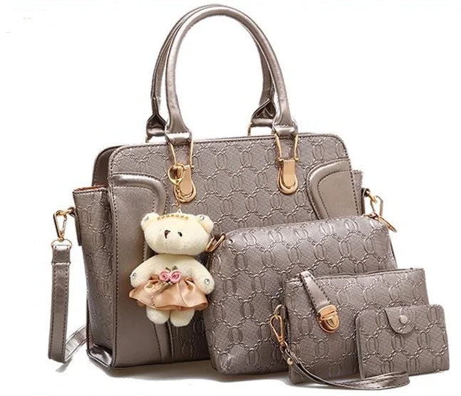 4-Piece Women's Versatile Handbag Set with Bear Bag