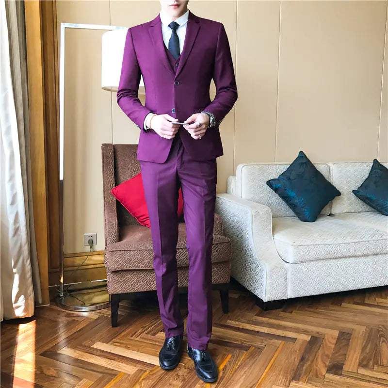 Men's Three-Piece Red Wedding Suit for Young Professionals