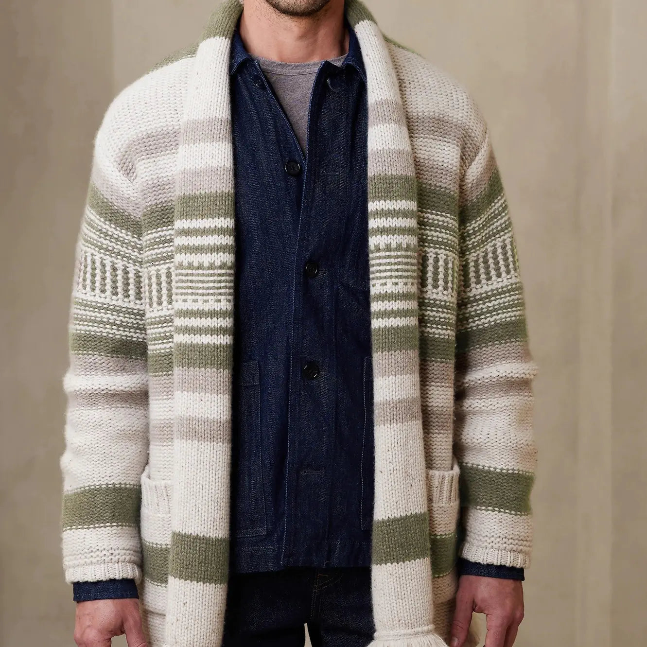 Striped Tassel Knit Cardigan for Men