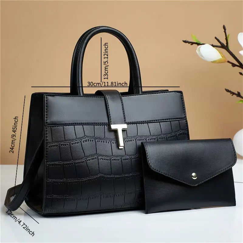 Crocodile Embossed Satchel Bag Set with Mini Purse