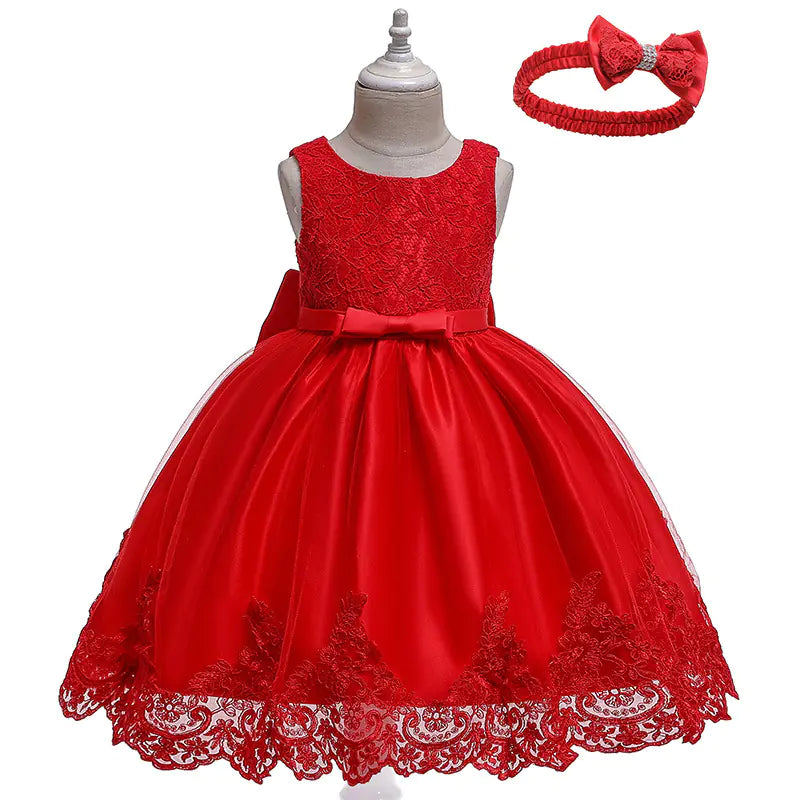 Children's Solid Color Bow Lace Dress