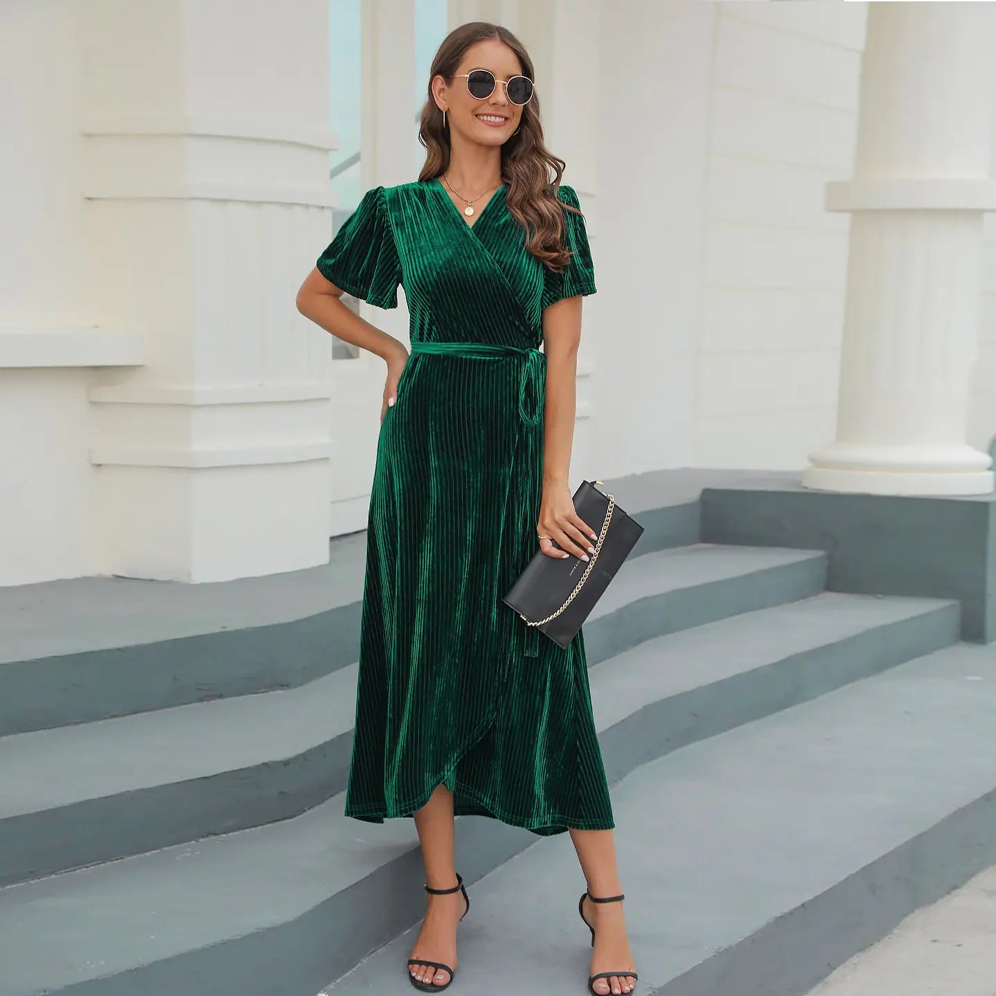 Mid-Length Formal Dress in Gold Velvet for Women