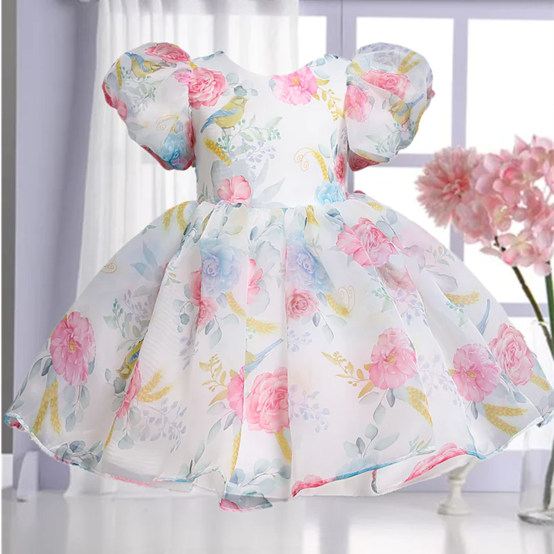 Elegant Flower Puff Sleeve Dress for Kids' Parties