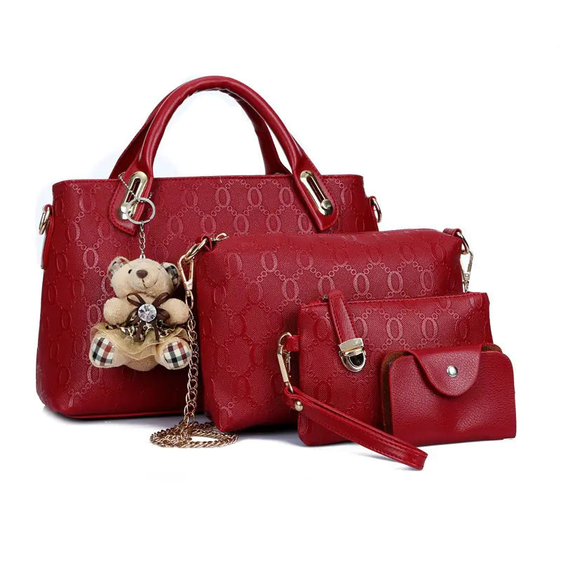 Classic Women's Purse Set with Bear Pendant Handbag