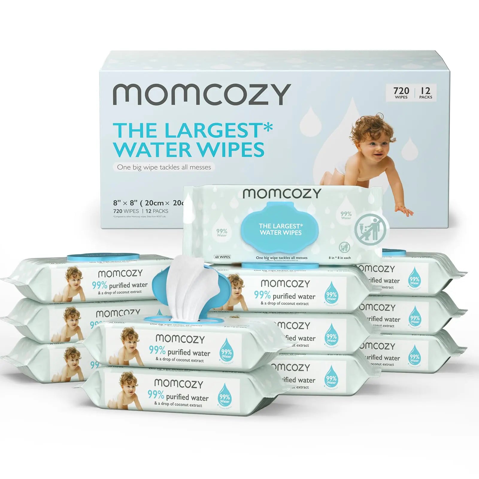 Baby Wipes Momcozy Water Wipes-Extra Large Size Design 99% Water Based Wipes Unscented & Hypoallergenic Cleansing & Moisturizing Baby Wipes for Sensitive Skin 12 Flip-Top Packs (720 Wipes Total)