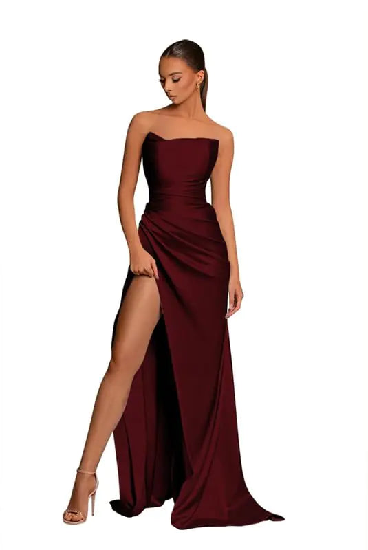Strapless Mermaid Prom Dress Pleated Satin Ball Gowns Long with Slit Bridesmaid Dress for Women Burgundy