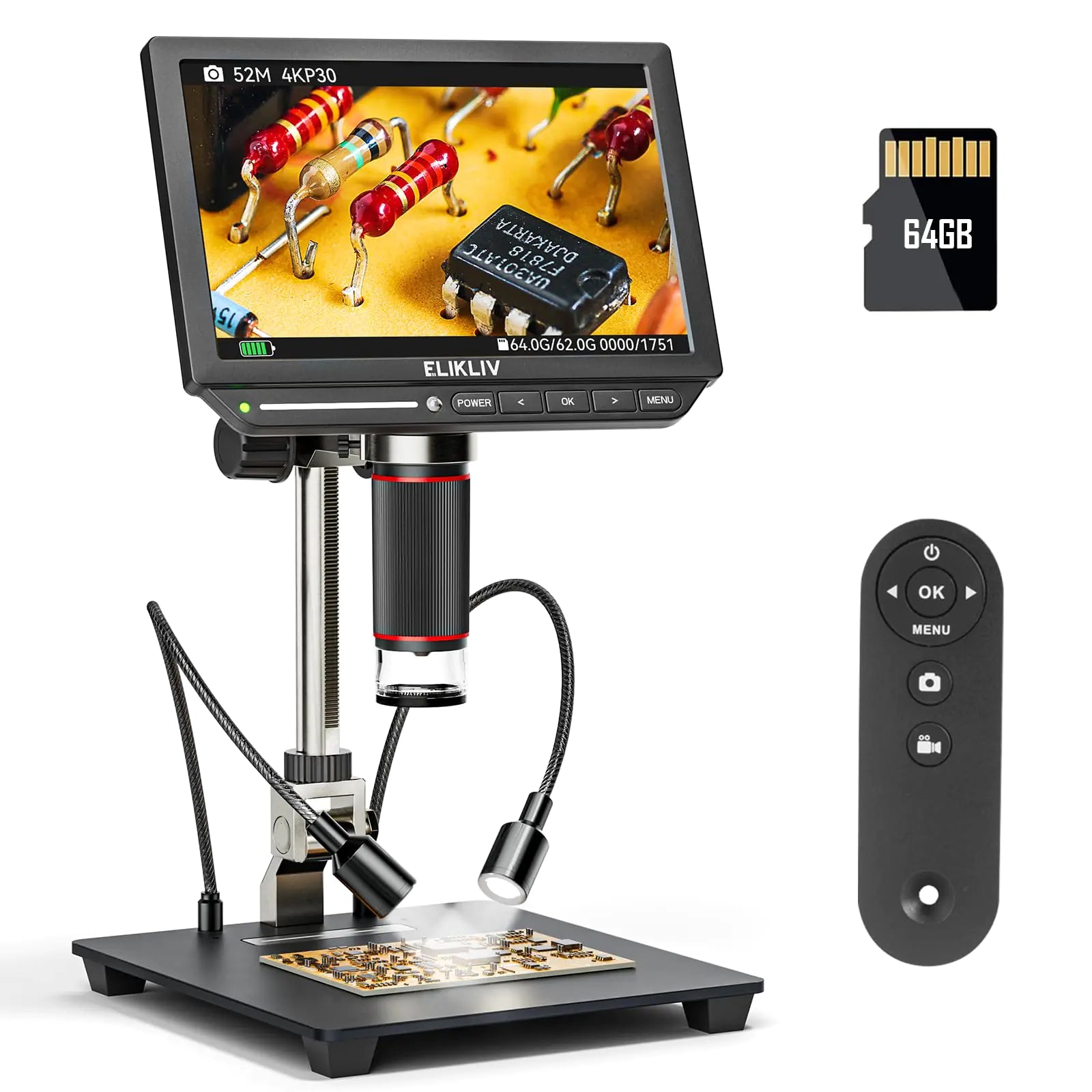 4K Digital Microscope Elikliv EM4K 8" Coin Microscope 2000x 52MP HDMI Microscope Soldering Microscope for Adults LCD Microscope for Electronics Repair 3840P UHD Video Microsocpe 10" Stand 64G