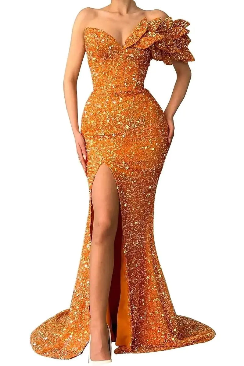One Shoulder Bridesmaid Dresses Long Mermaid Sparkly Sequin Flowers Sleeveles Formal Evening Party Gowns with Train Orange 18Plus