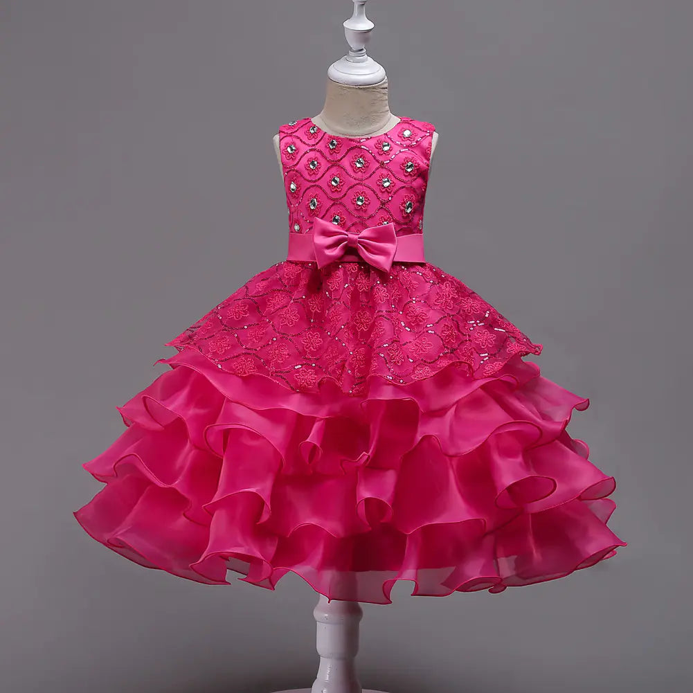 Children's Bow Lace Dress with Flounces