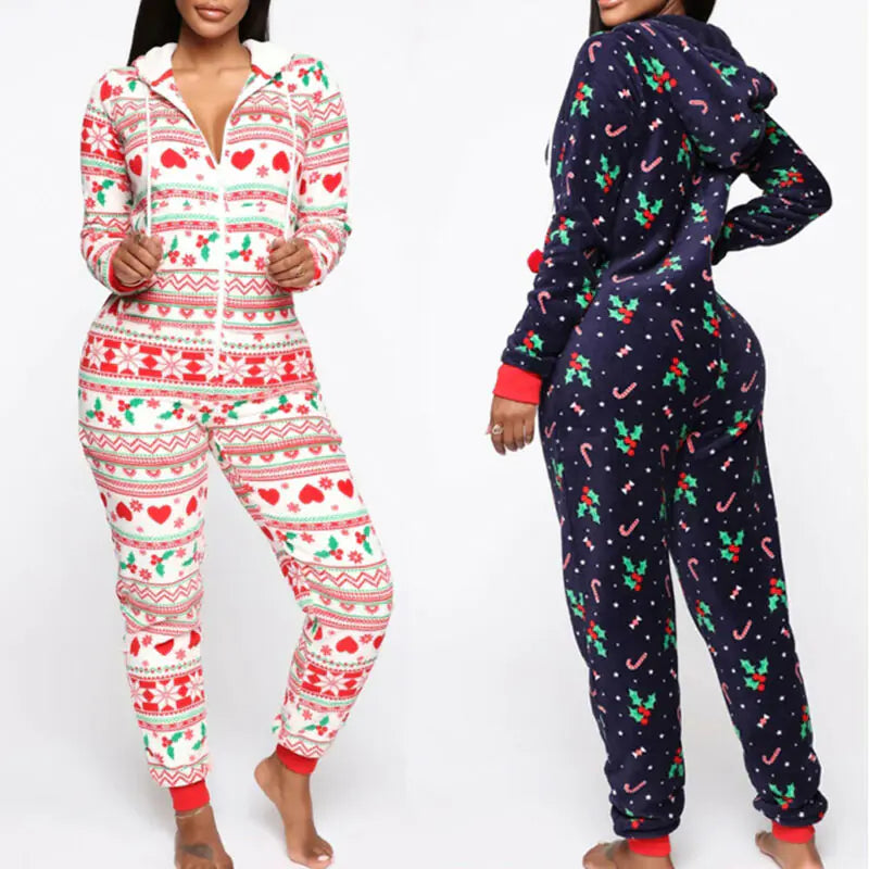 2020 Christmas Print Hooded Jumpsuit for Home Wear
