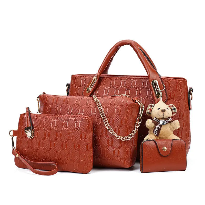 Classic Women's Purse Set with Bear Pendant Handbag
