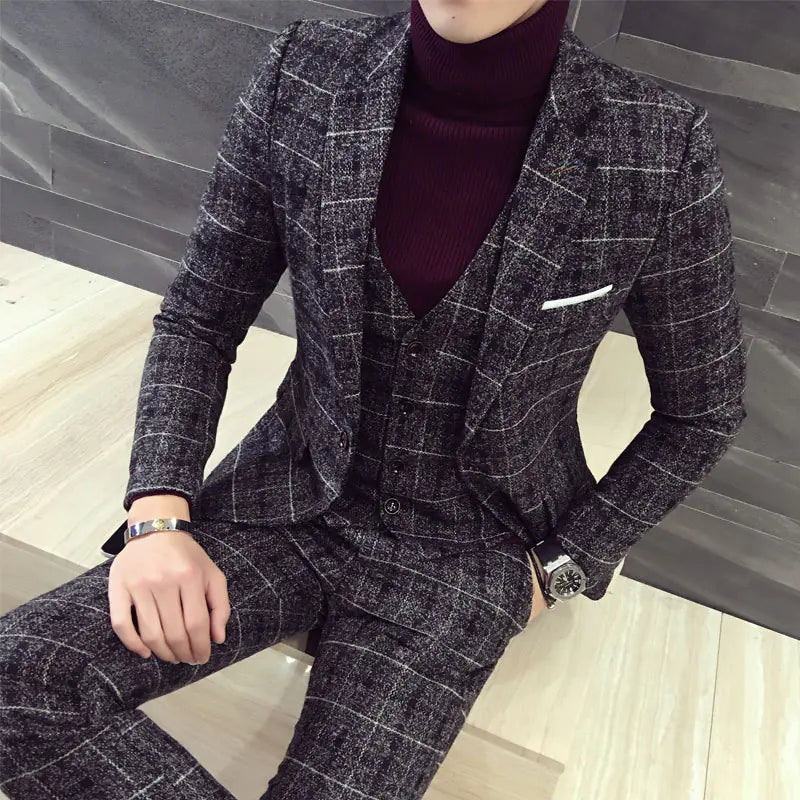 3-Piece Korean Slim Fit Men's Suit with Checkered Blazer