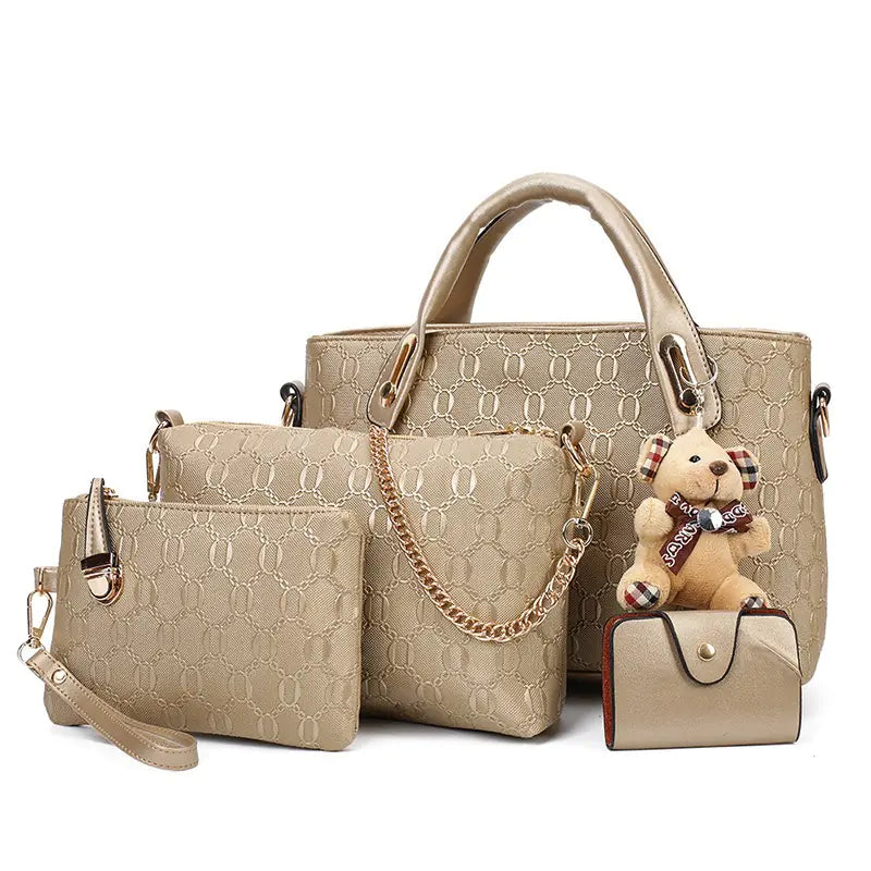 Classic Women's Purse Set with Bear Pendant Handbag