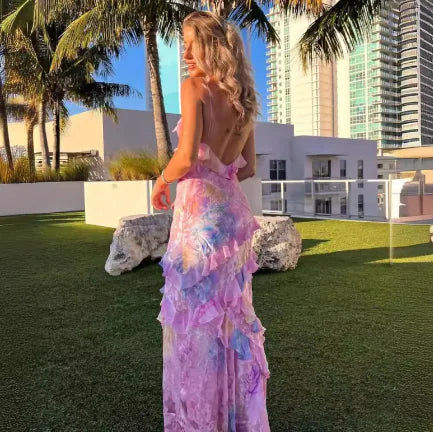 Backless Flounce Spaghetti Strap Dress