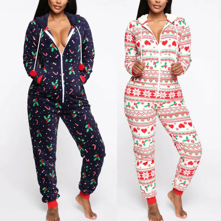 2020 Christmas Print Hooded Jumpsuit for Home Wear