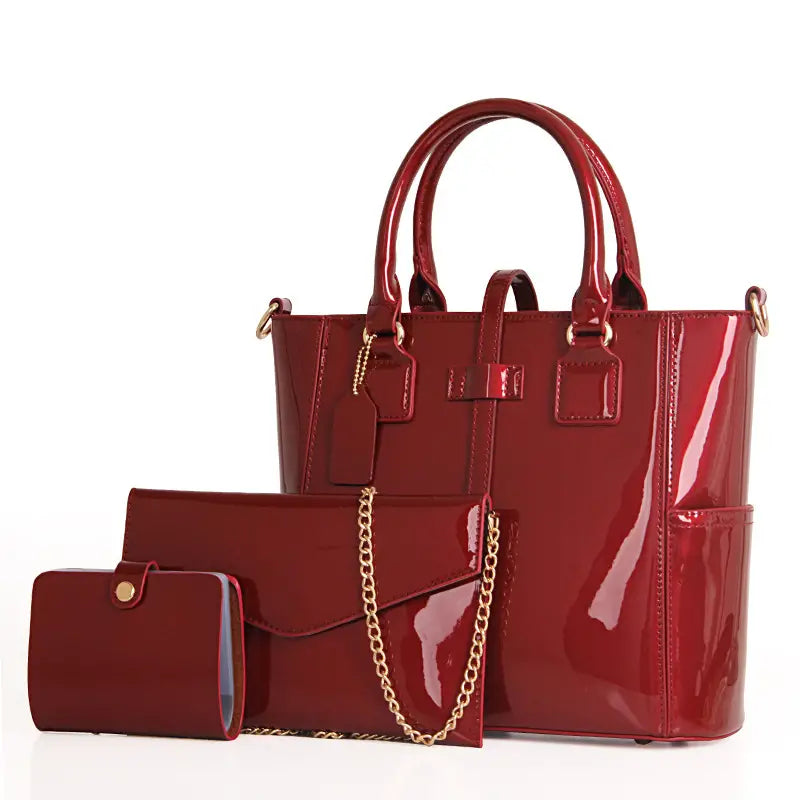 Glossy Patent Leather Bag Set with Tote, Clutch, Purse