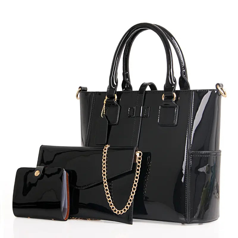 Glossy Patent Leather Bag Set with Tote, Clutch, Purse