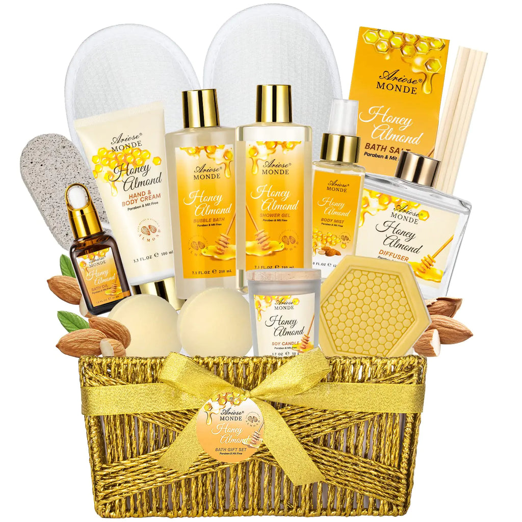 Bath & Body Gift Set Luxury Home Spa Bath Gift Basket Honey Almond Scented Bath Set Pamper Gifts for Women & Teens 15 Pcs Relaxing Home Spa Kit with Bubble Bath Bath Salts Body Lotion