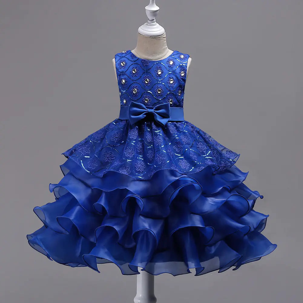 Children's Bow Lace Dress with Flounces