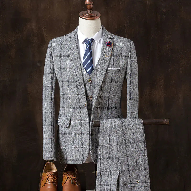 Men's Slim Fit Plaid Suit Set - Stylish Casual Attire