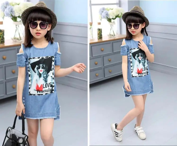 Cartoon Print Denim Strapless Dress for Kids