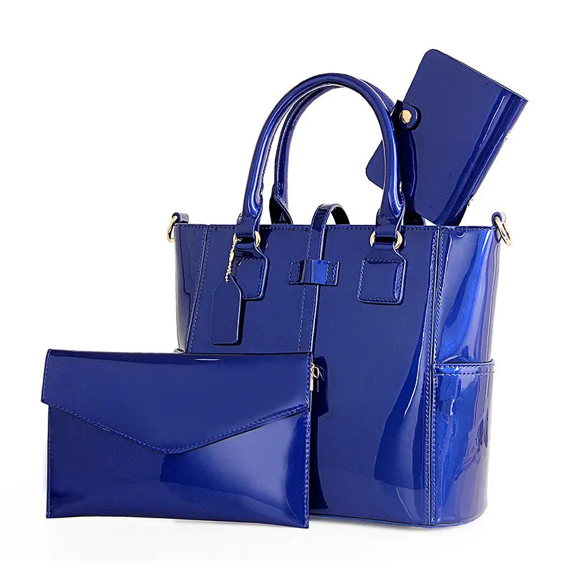 Glossy Patent Leather Bag Set with Tote, Clutch, Purse
