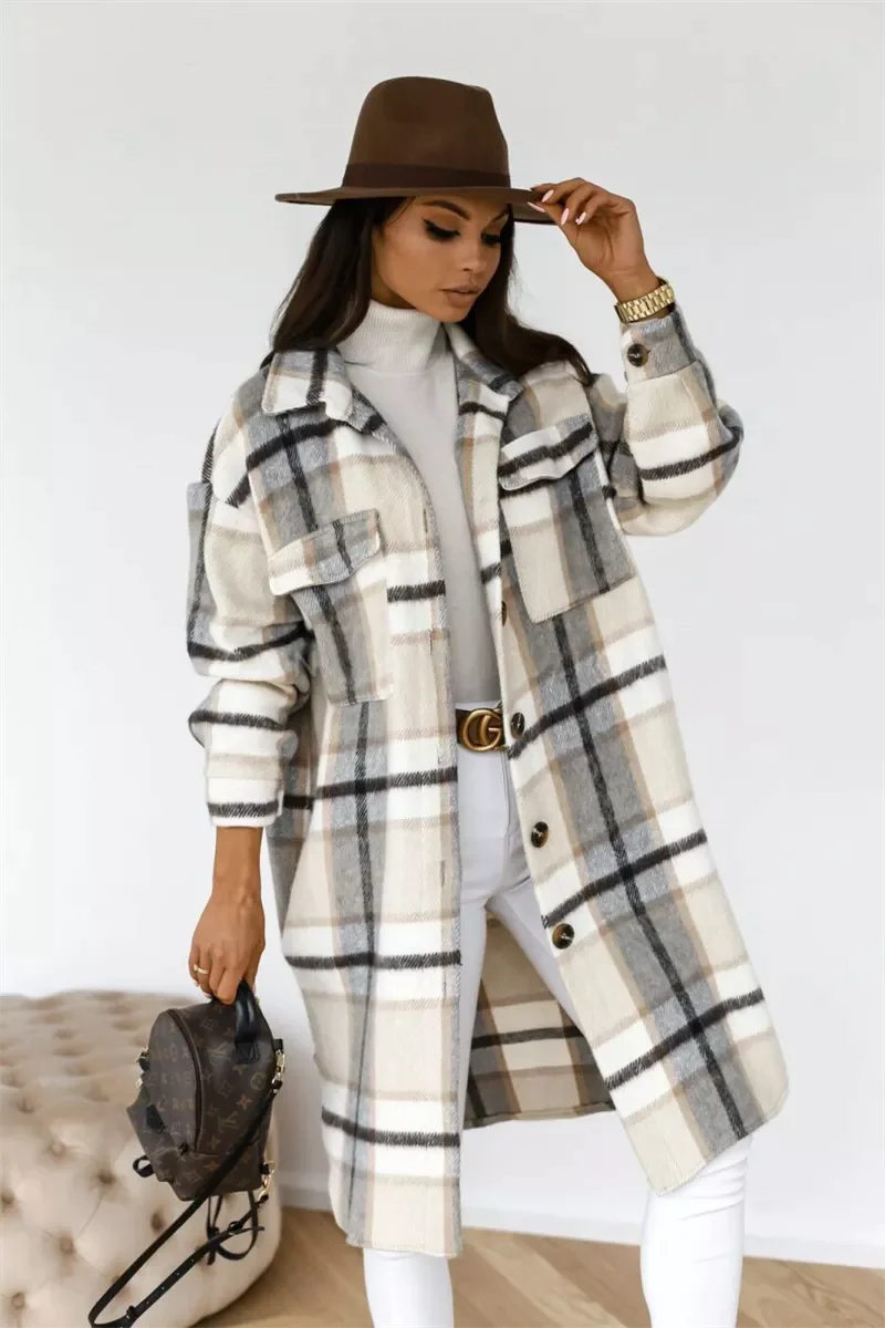 Women's Plaid Printed Long Overcoat Jacket