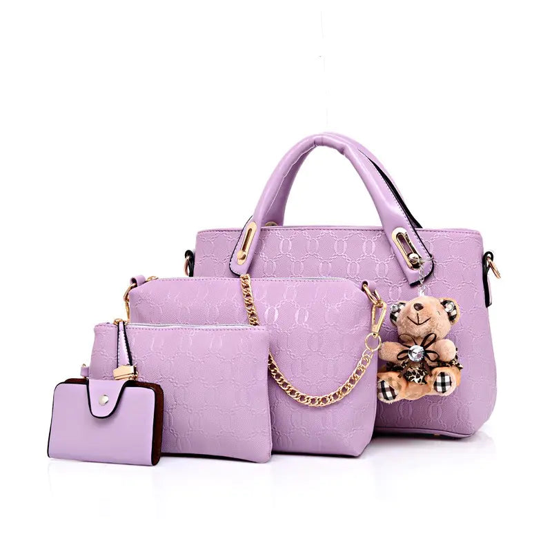 Classic Women's Purse Set with Bear Pendant Handbag