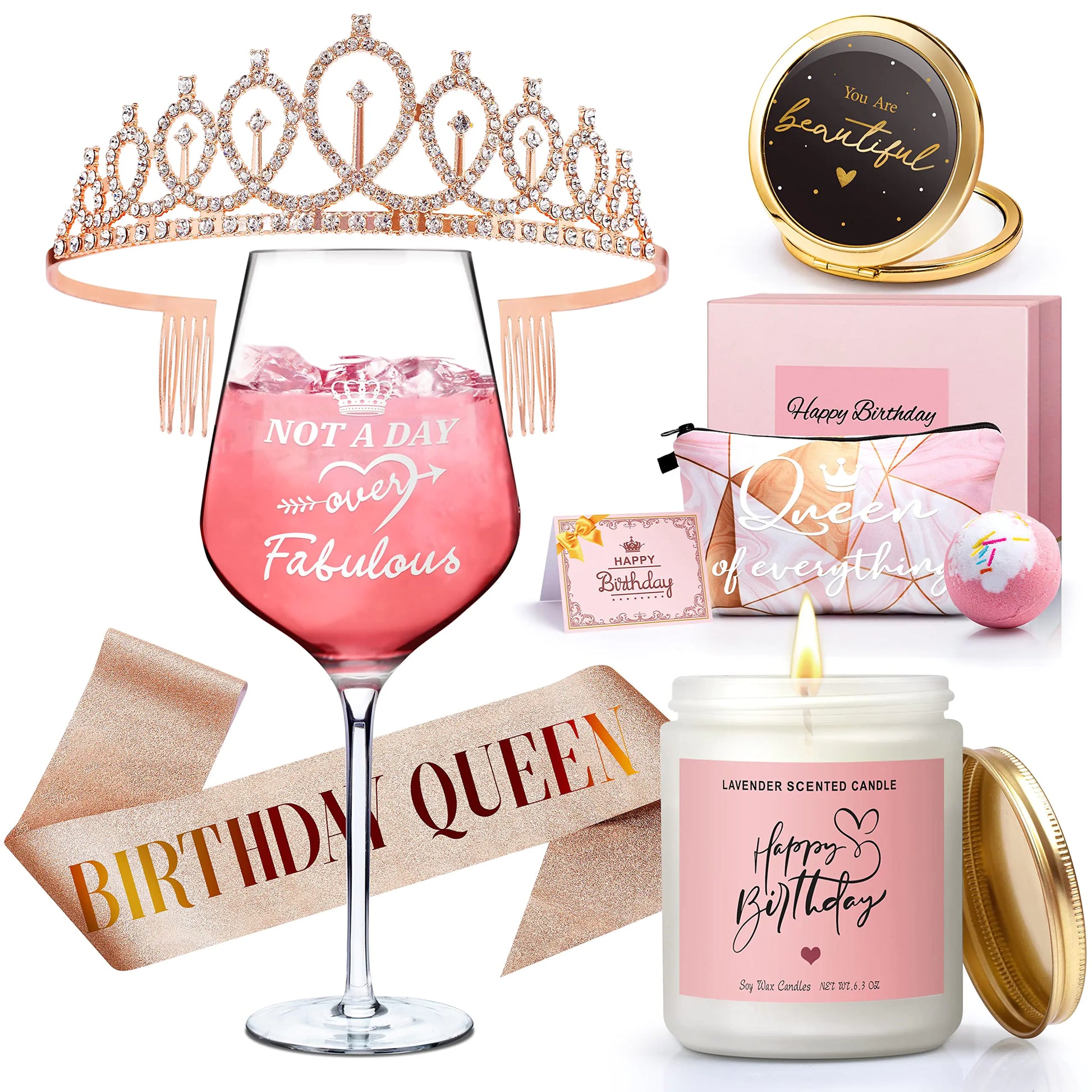 Birthday Gifts for Women Happy Birthday Gift Basket for Women Gift Set for Best Friends Female Women Sister Mom Wife Coworker Bestie Birthday Decorations with Candles Tiara Sash Rose