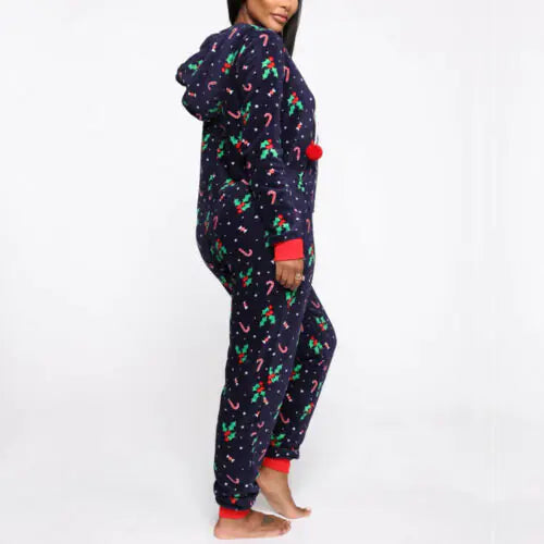 2020 Christmas Print Hooded Jumpsuit for Home Wear