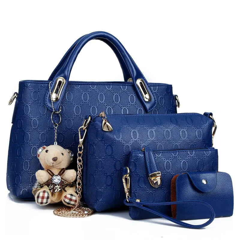 Classic Women's Purse Set with Bear Pendant Handbag