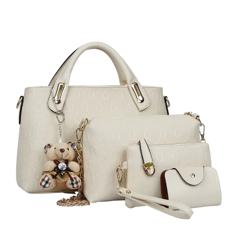 Classic Women's Purse Set with Bear Pendant Handbag