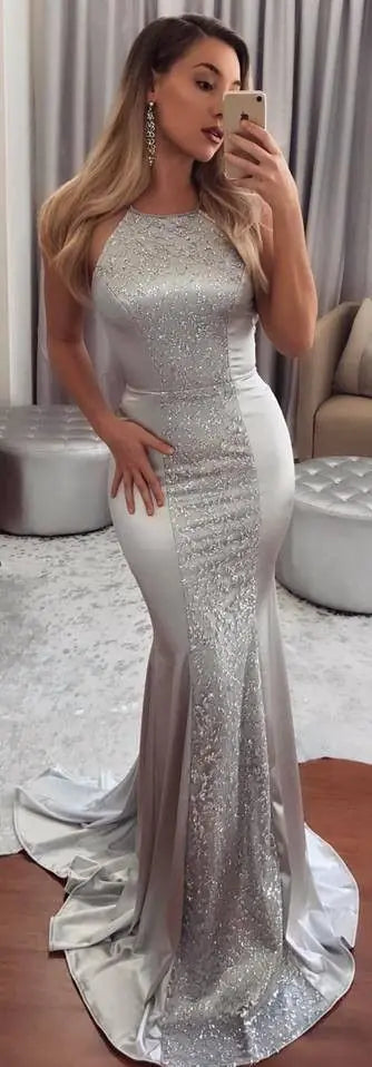 Silver Halter Backless Bodycon Dress