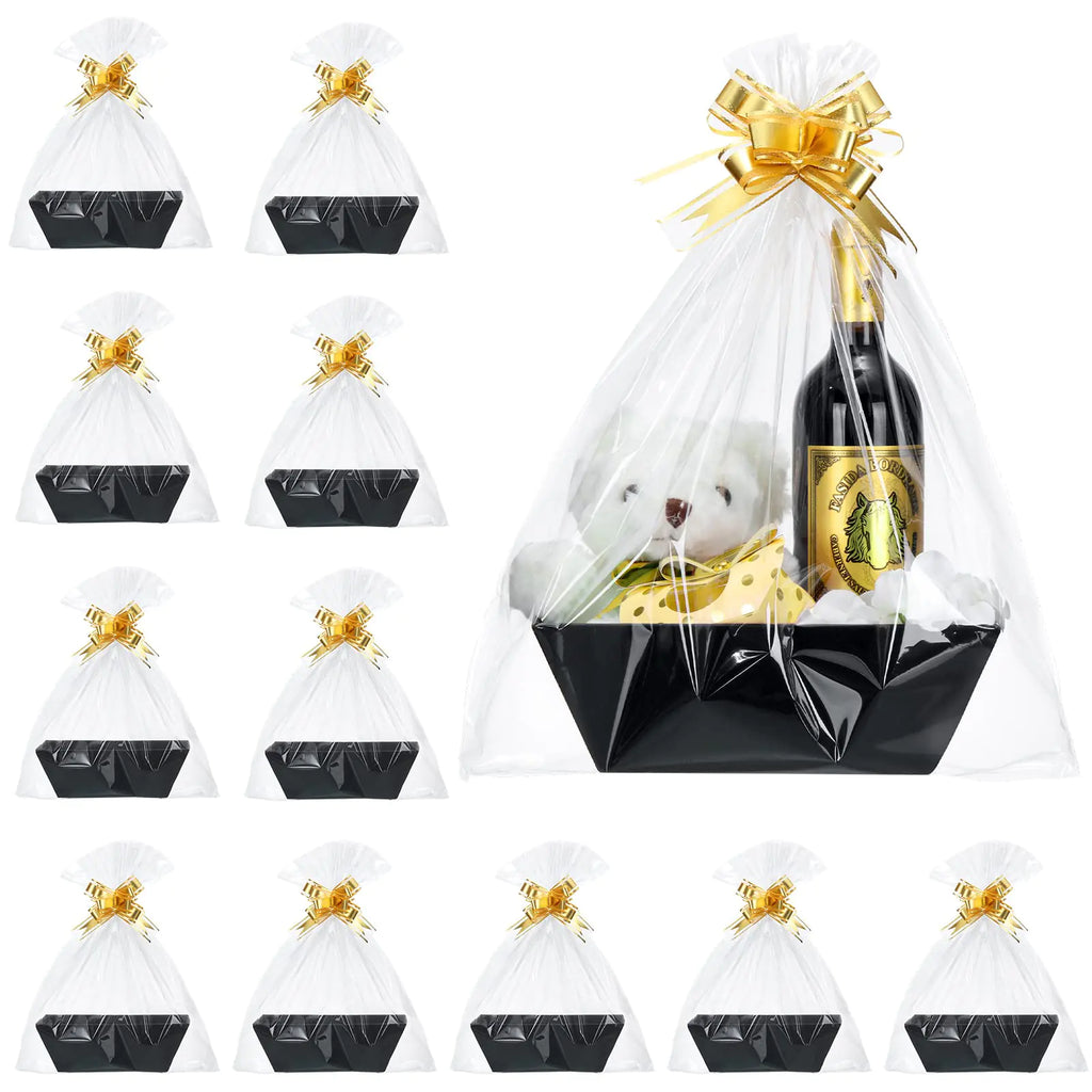 44 Pcs Basket for Gifts Empty Gift Basket Kit Include 12 Gift Basket Empty 12 Plastic Bags for Gift Baskets and 20 Pull Bows for Wedding Thanksgiving Christmas Party Gift Wrapping (BlackSolid)