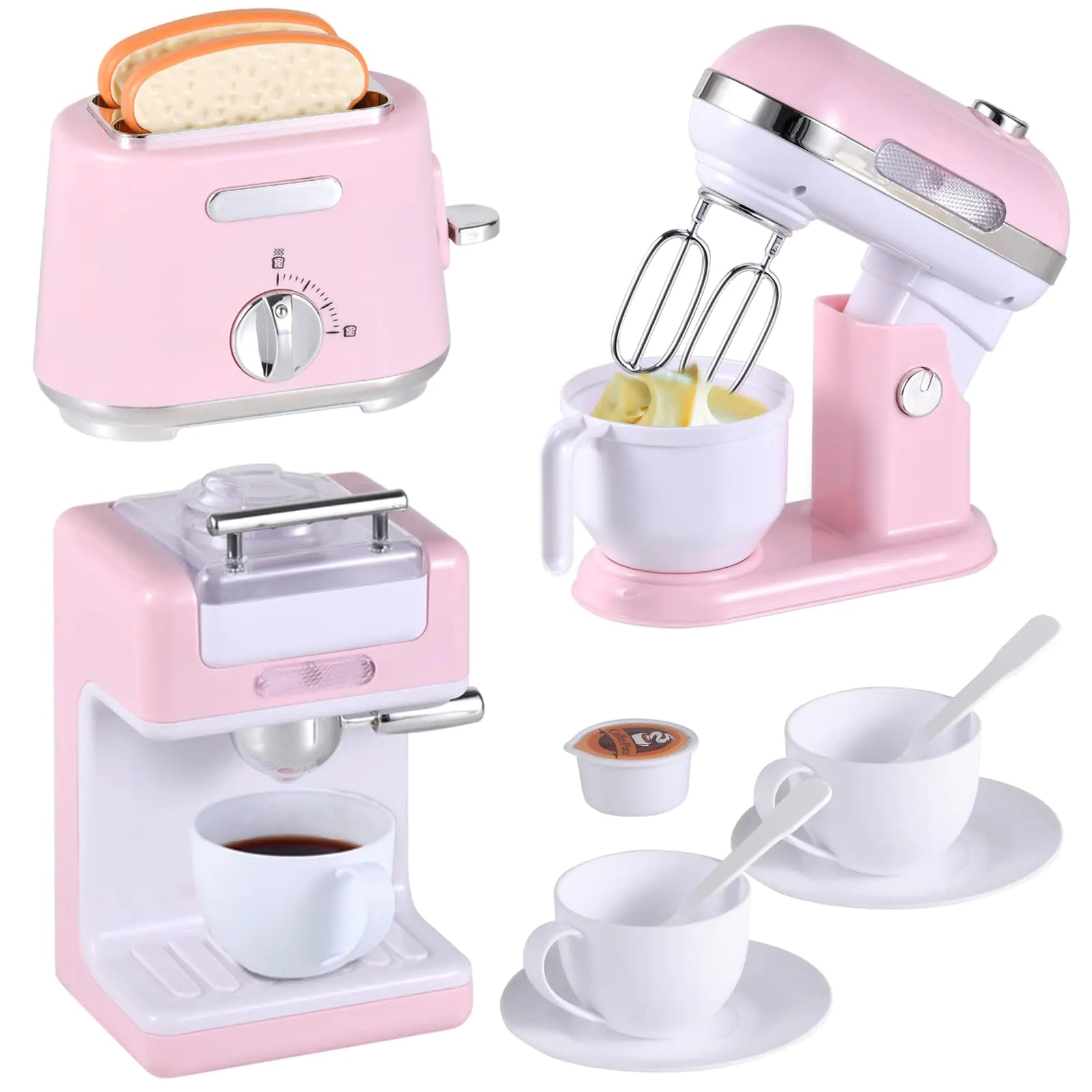 Kitchen Appliances Toys Play Kitchen Accessories Toy Kitchen Appliances for Kids Pretend Kitchen Toys with Coffee Maker Mixer and Toaster Toy Kitchen Set Birthday Gift for Kids Ages 3+ (Pink)