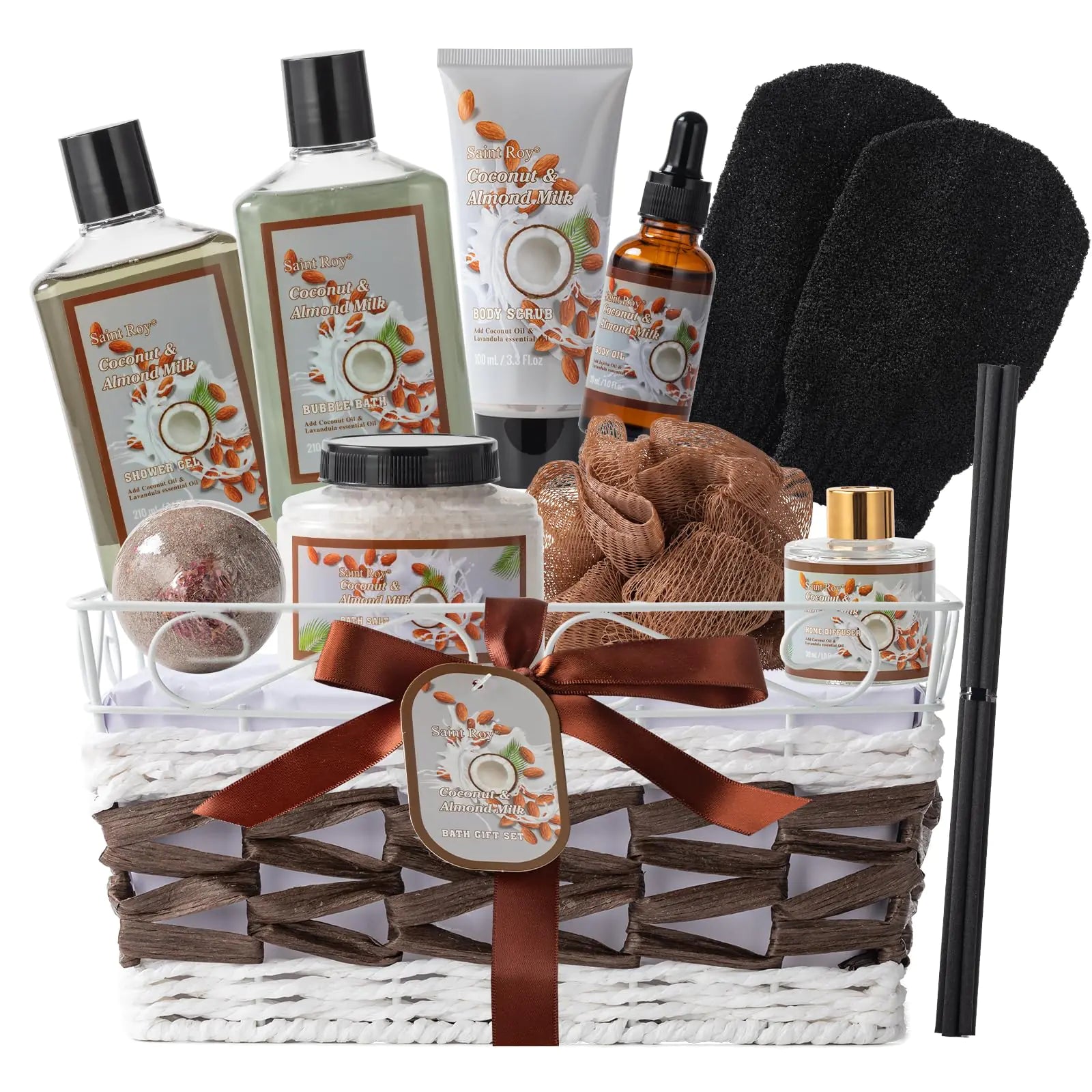 Bath and Body Gift Basket For Women and Men Spa Gift Basket Coconut Almond 16 Pcs Bath Scents for WomenBath Gift Set Includes Fragrant Lotion Home Spa Luxurious Bath Body Oil Diffuser & More
