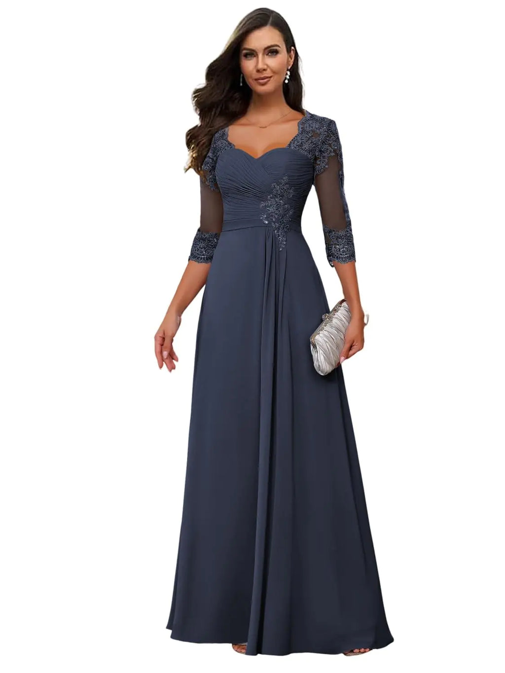 Loyeloy Women Lace Mother of The Bride Dress with Sleeves Scoop Neck Chiffon Aline Ruffles Beaded Formal Evening Gowns with Pockets Navy Blue 4