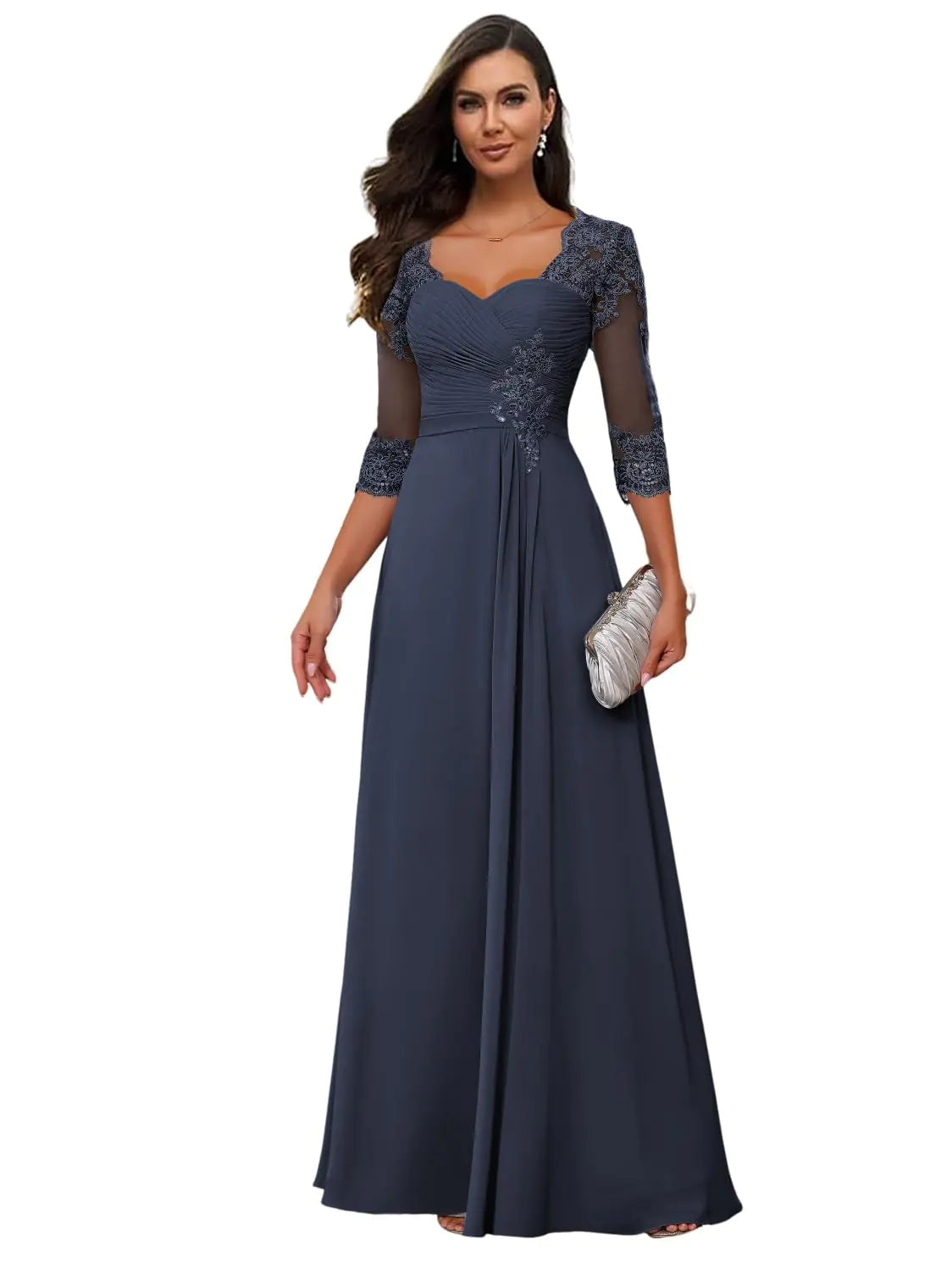 Loyeloy Women Lace Mother of The Bride Dress with Sleeves Scoop Neck Chiffon Aline Ruffles Beaded Formal Evening Gowns with Pockets Navy Blue 4