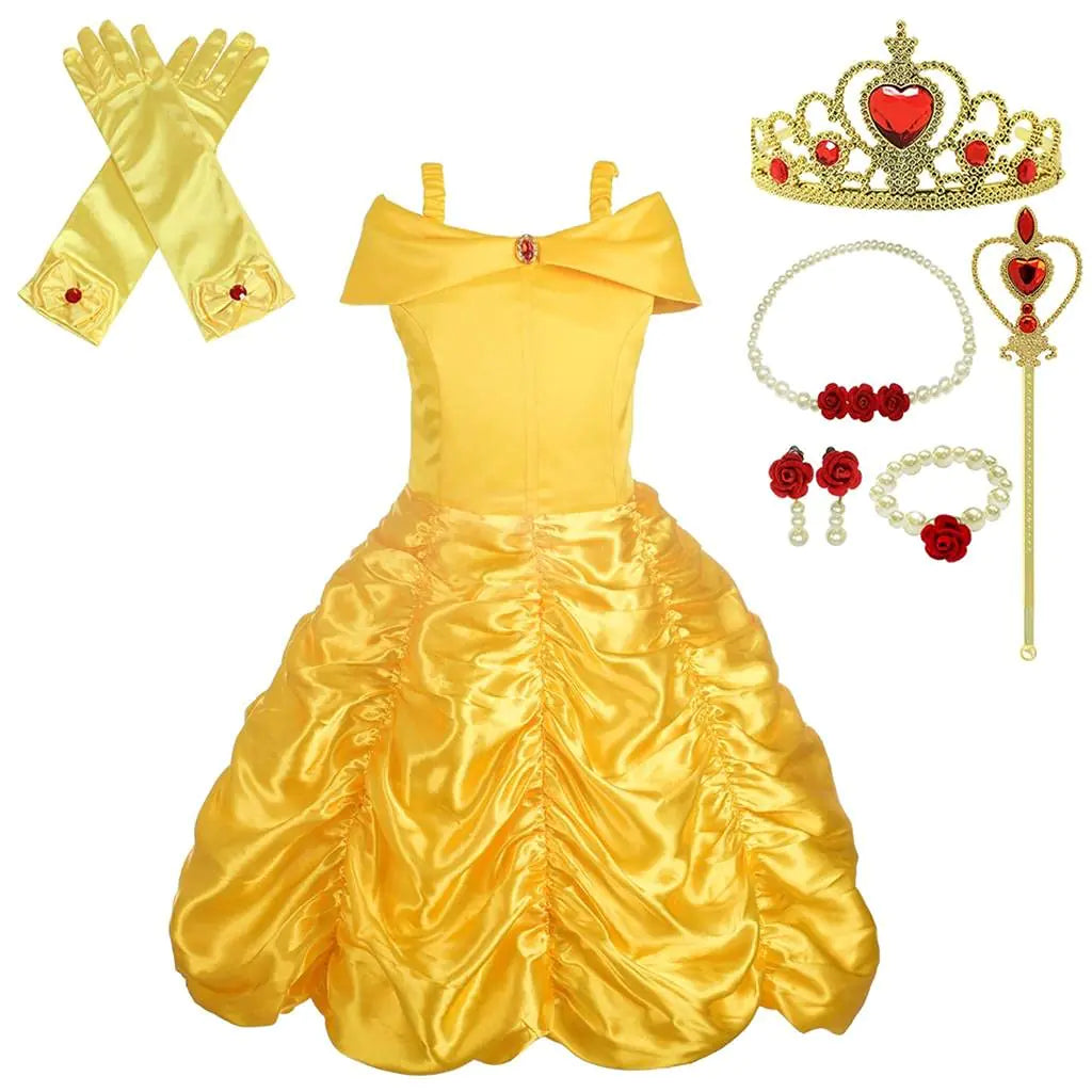 Dressy Daisy Girls Princess Yellow Gold Ball Gown Birthday Party Fancy Dress Up Halloween Costume with Accessories Size 6-6X