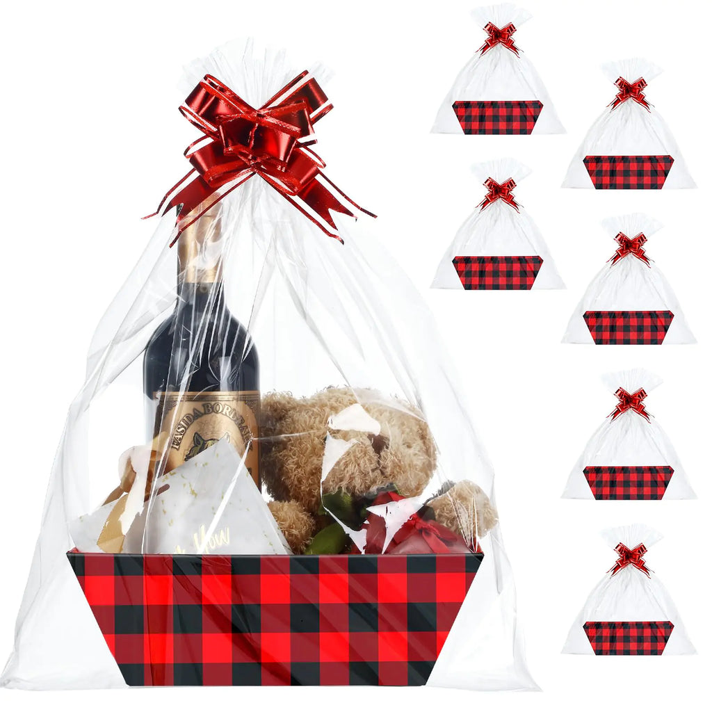 22 Pcs Basket for Gifts Empty Kit Includes 6 Pcs Gift Basket Empty to Fill 6 Pcs Clear Gift Bags 10 Pull Bows Market Tray Favor for Thanksgiving Christmas Wedding Gift Package (Red Black Plaid)