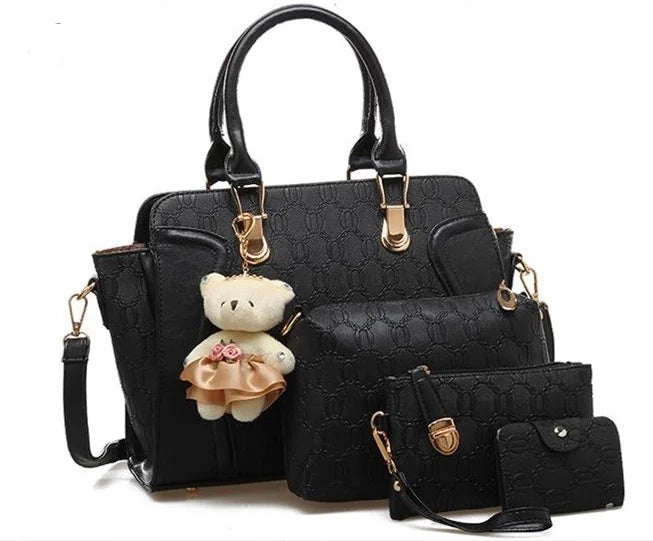 4-Piece Women's Versatile Handbag Set with Bear Bag