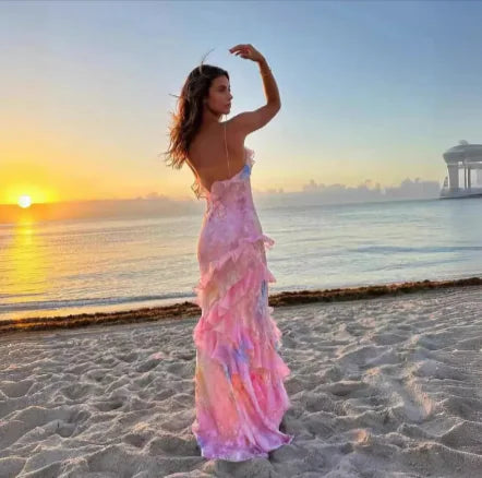 Backless Flounce Spaghetti Strap Dress