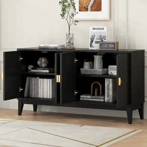4-door Sideboard Storage Cabinet For Living And Dining Room, Two Large Cabinets With Gold Handle And Adjustable Shelves, Black