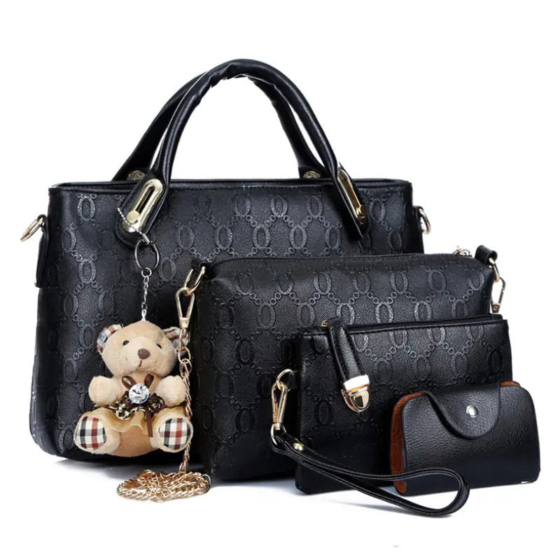 Classic Women's Purse Set with Bear Pendant Handbag
