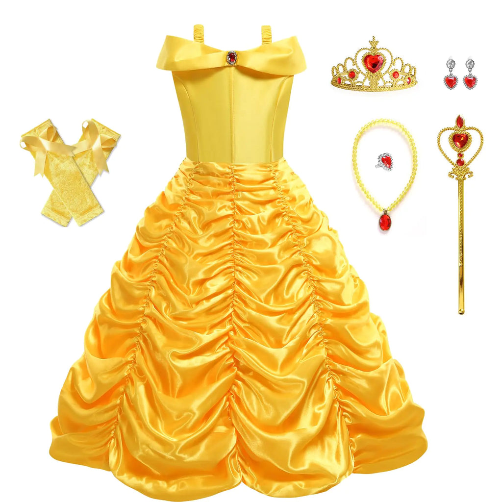 Disnnie Princess Belle Dress Beauty Princess Costume Belle Fancy Dress Up Party Costumes Yellow Dresses for Halloween Birthday